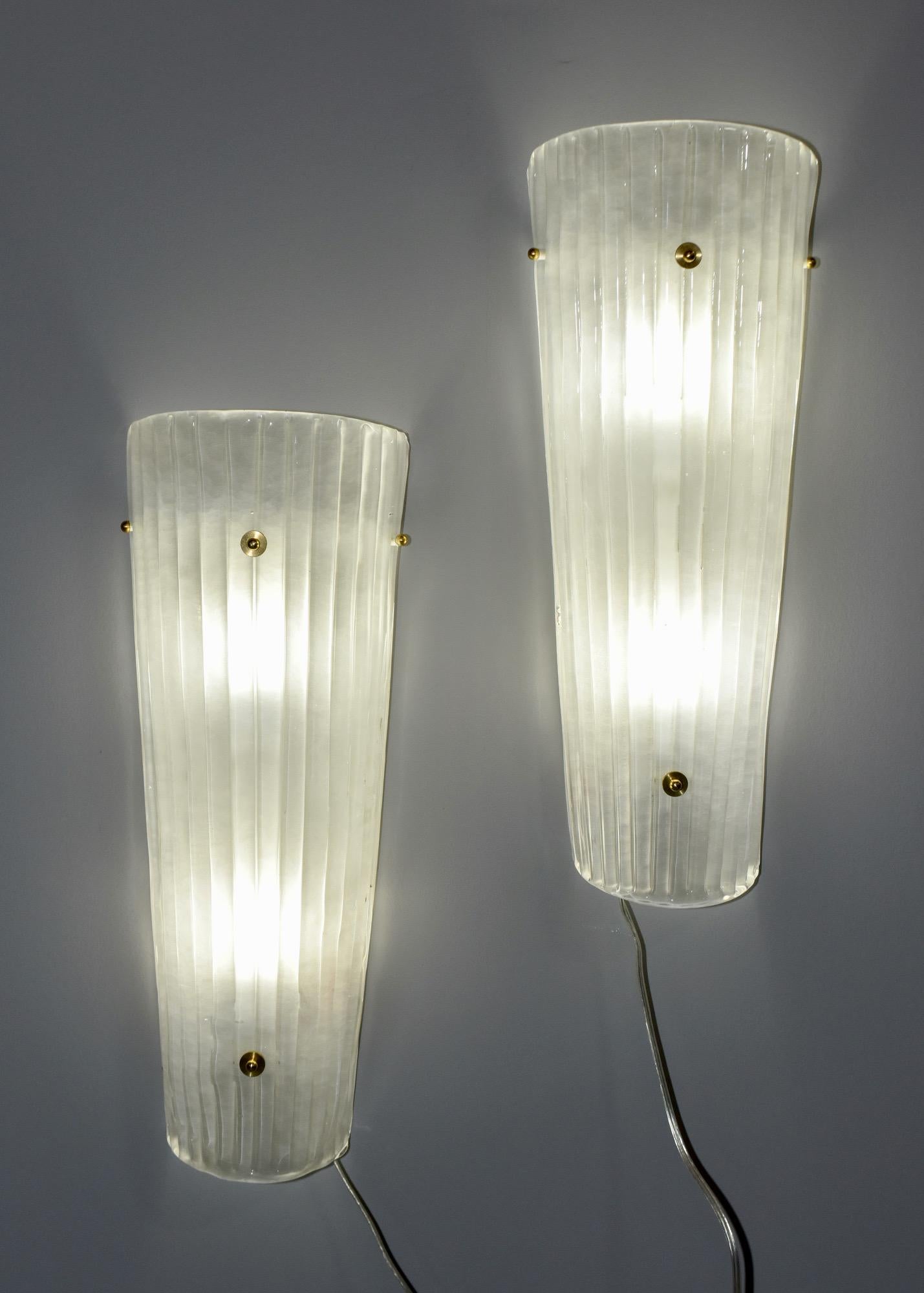 Pair New Tall Slender Frosted White Murano Glass Sconces For Sale 2