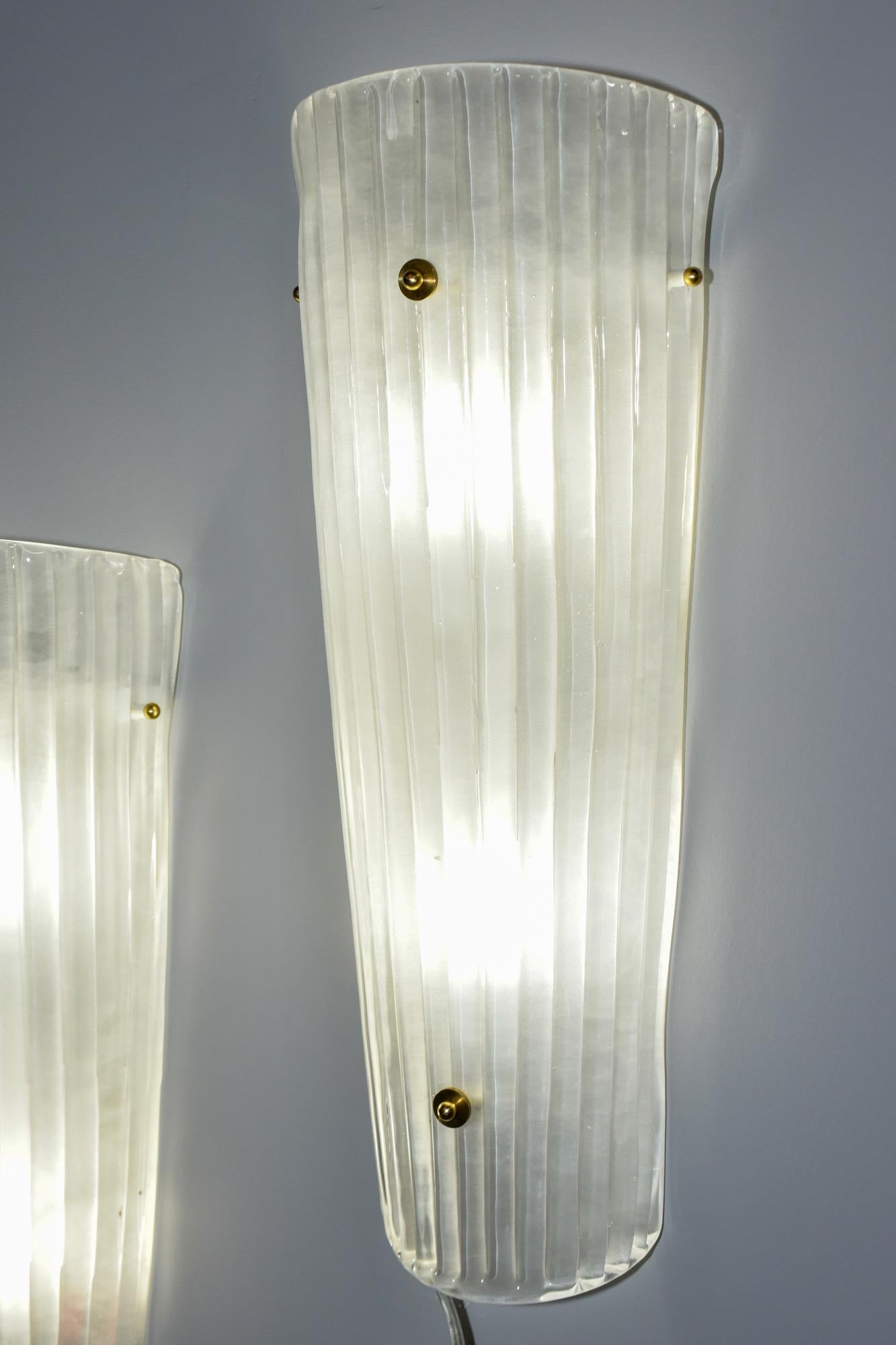 Pair New Tall Slender Frosted White Murano Glass Sconces For Sale 3