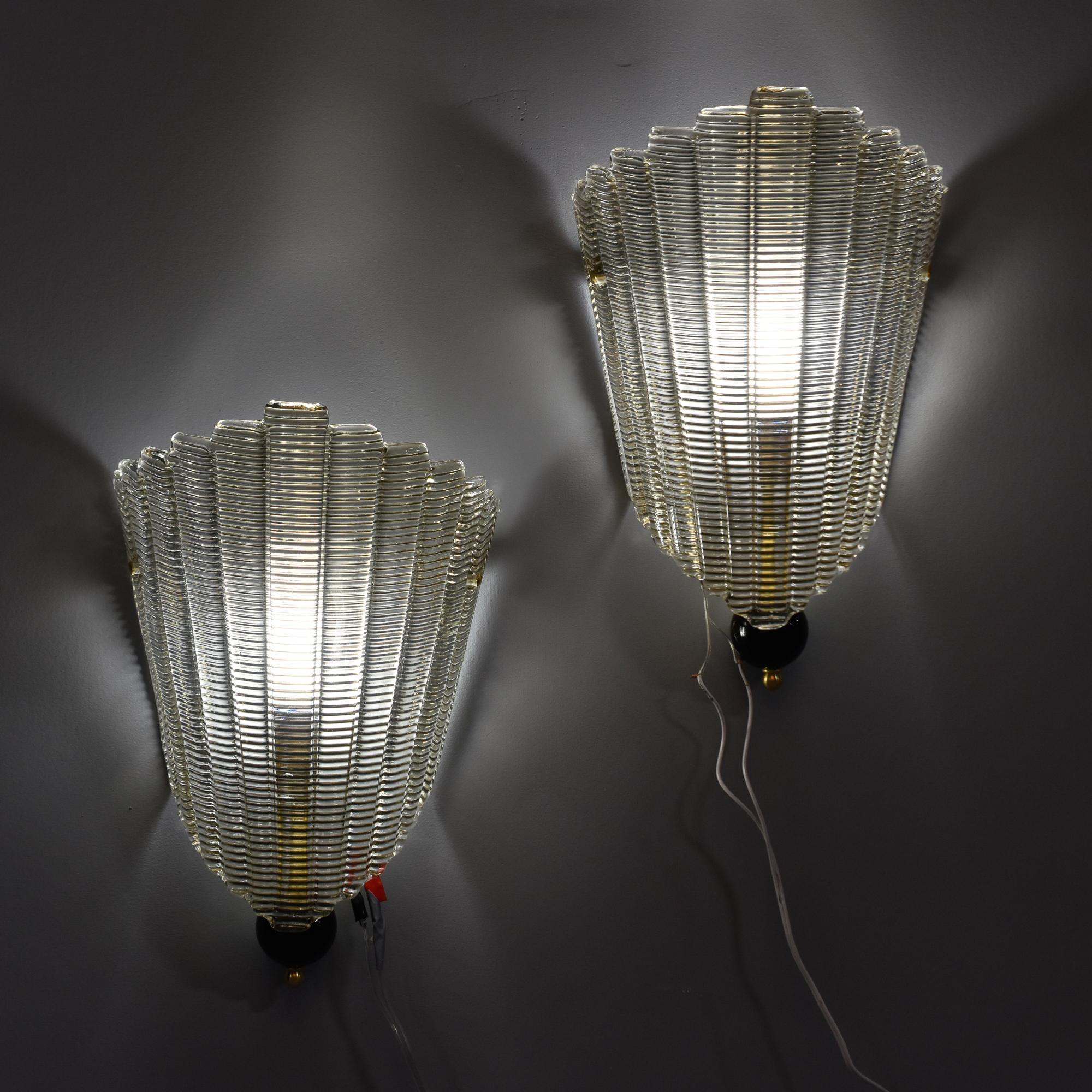 Brass Pair New Textured Smoky Murano Glass Fan-Shaped Sconces With Black Finial