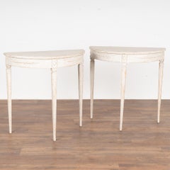 Pair, New White Painted Gustavian Demilune Side Tables from Sweden