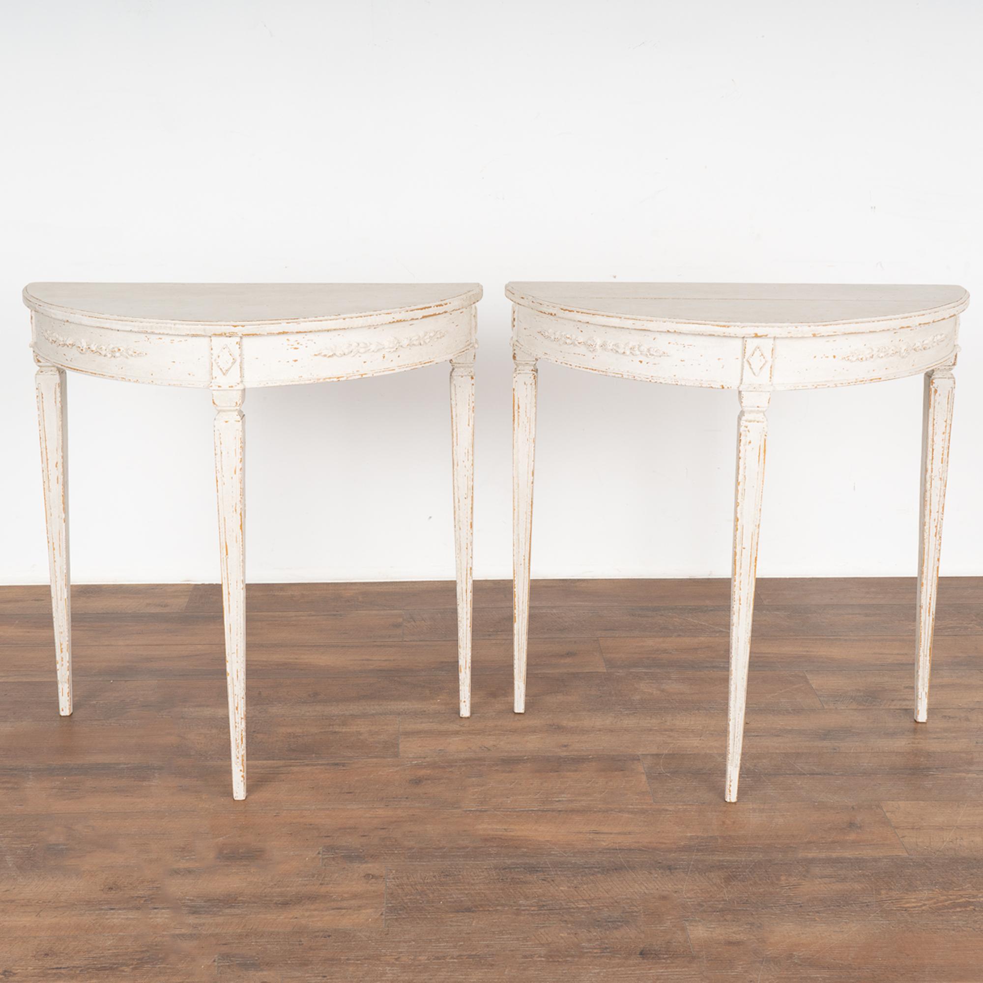 Swedish Pair, New White Painted Gustavian Demilune Side Tables from Sweden For Sale