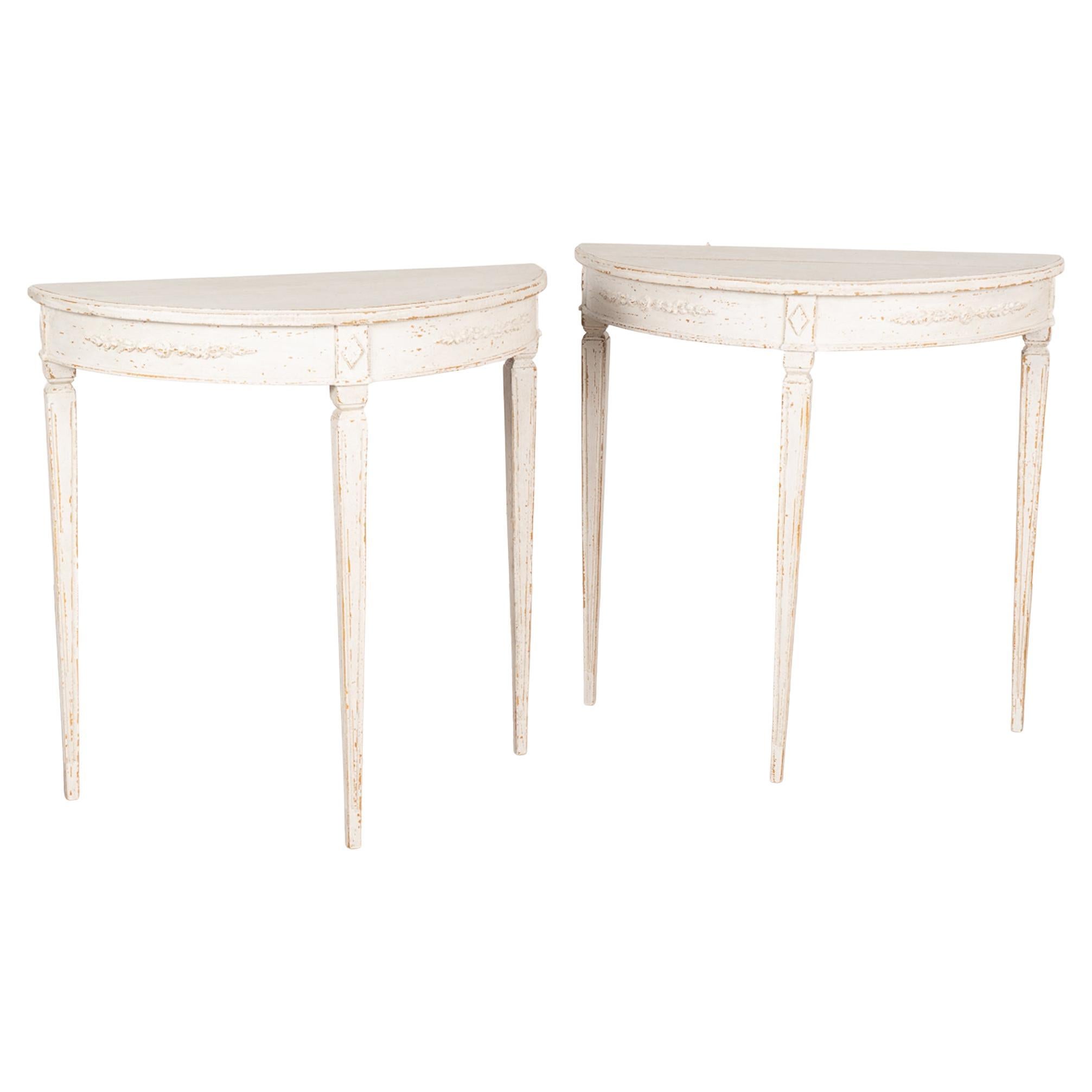 Pair, New White Painted Gustavian Demilune Side Tables from Sweden For Sale