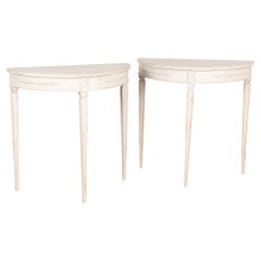 Antique Pair, New White Painted Gustavian Demilune Side Tables from Sweden