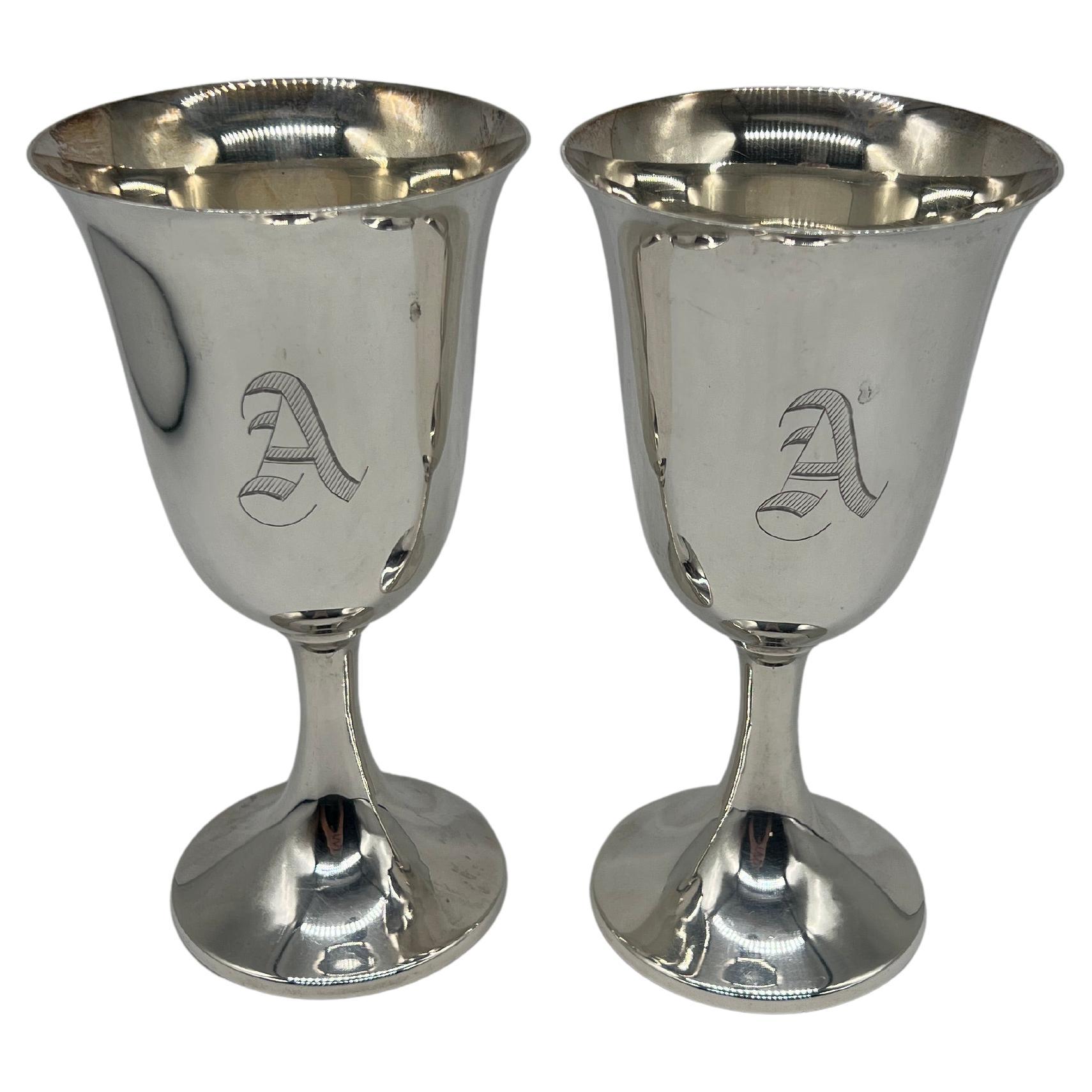 Pair, Newburyport Silver Company "A" Monogram Sterling Silver Goblets 6.675" For Sale