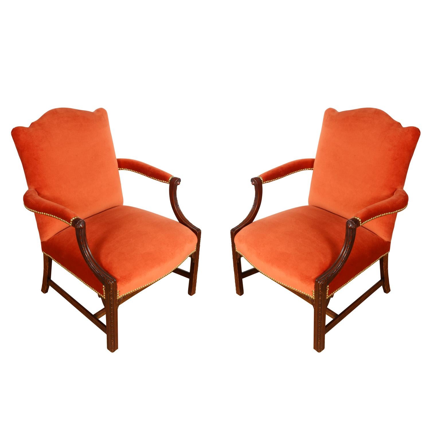 20th Century Pair Newly Upholstered Orange Velvet George III Arm Chairs For Sale