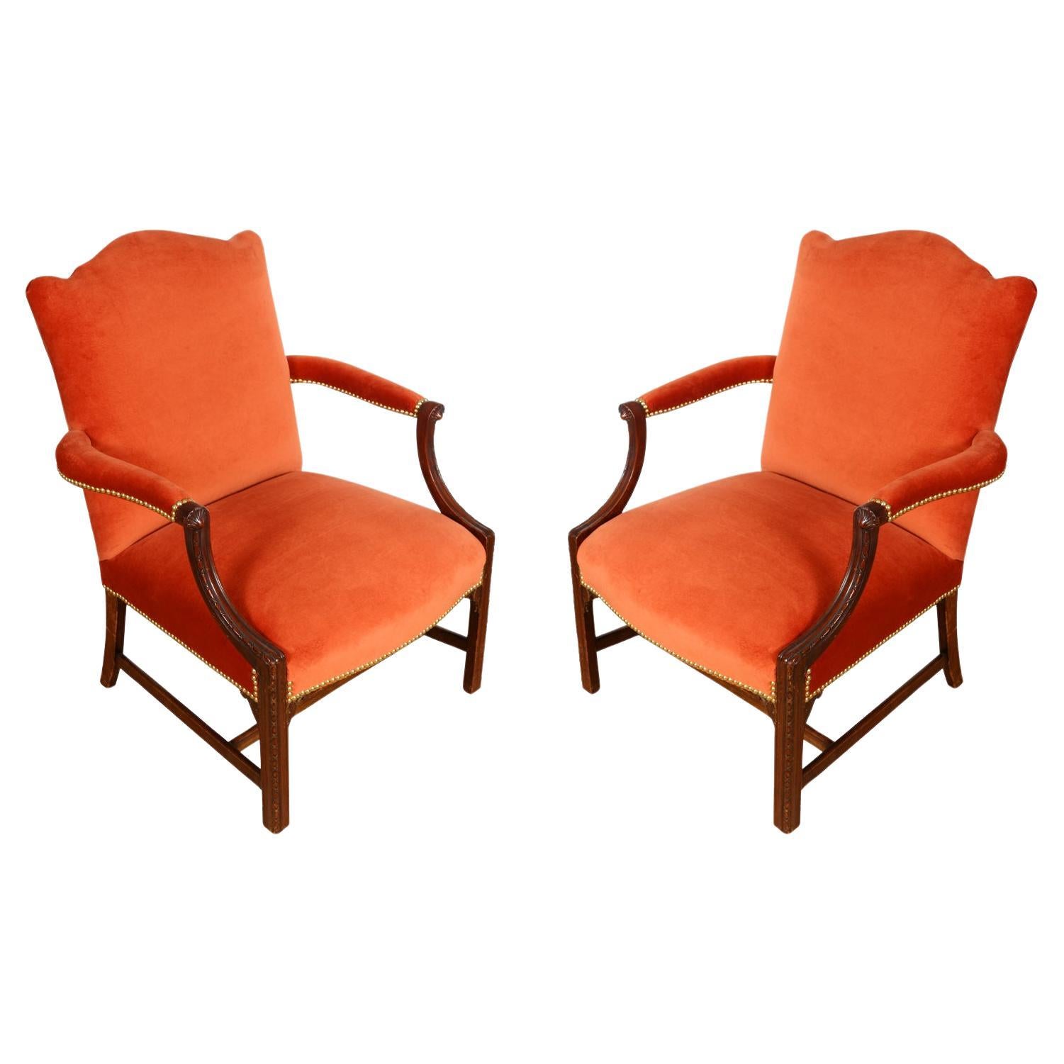 Pair Newly Upholstered Orange Velvet George III Arm Chairs