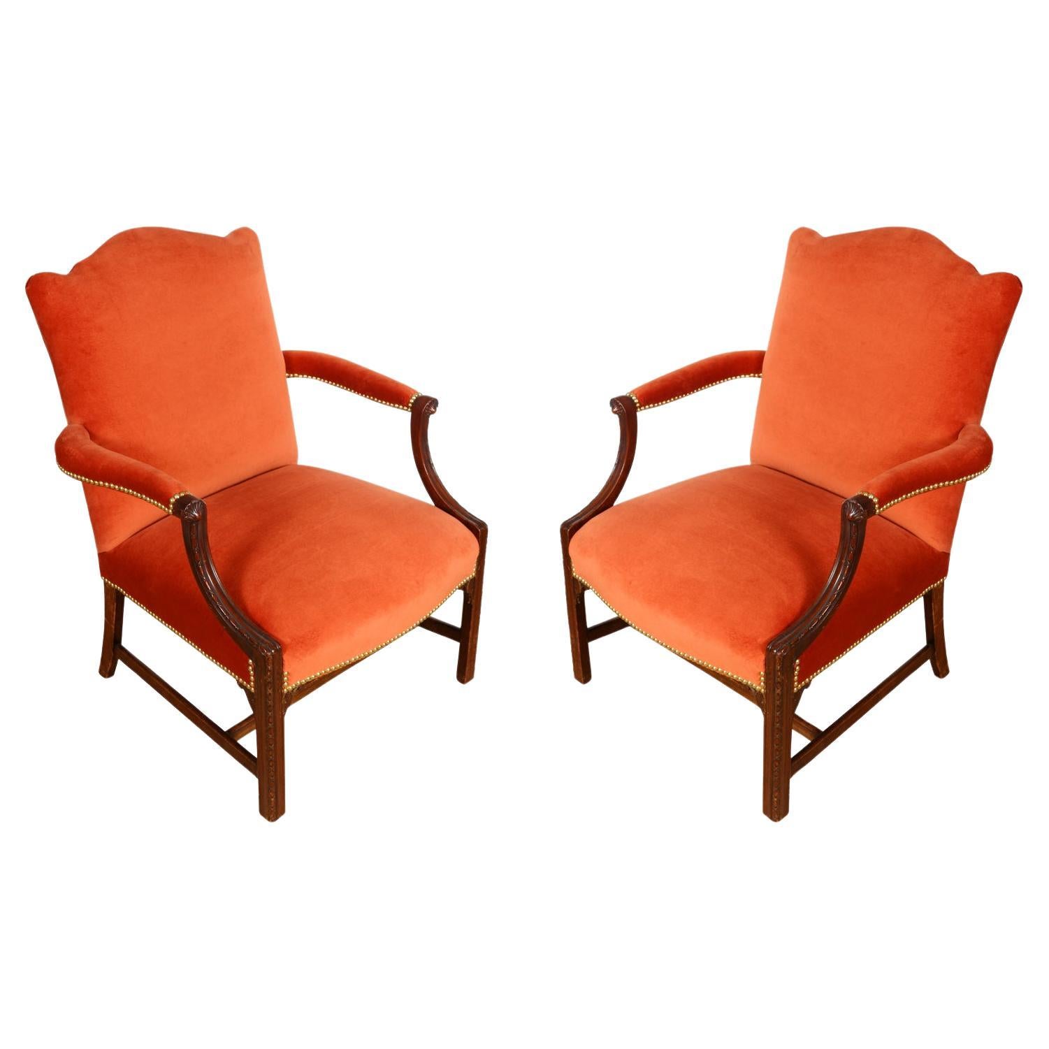 Pareja de sillones Jorge III de terciopelo naranja recién tapizados