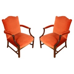 Pair Newly Upholstered Orange Velvet George III Arm Chairs