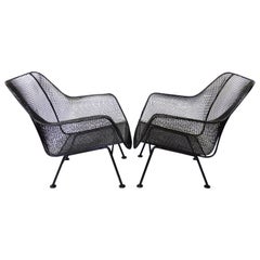 Nicely Restored Russell Woodard Wrought Iron with Steel Mesh Lounge Chairs, Pair