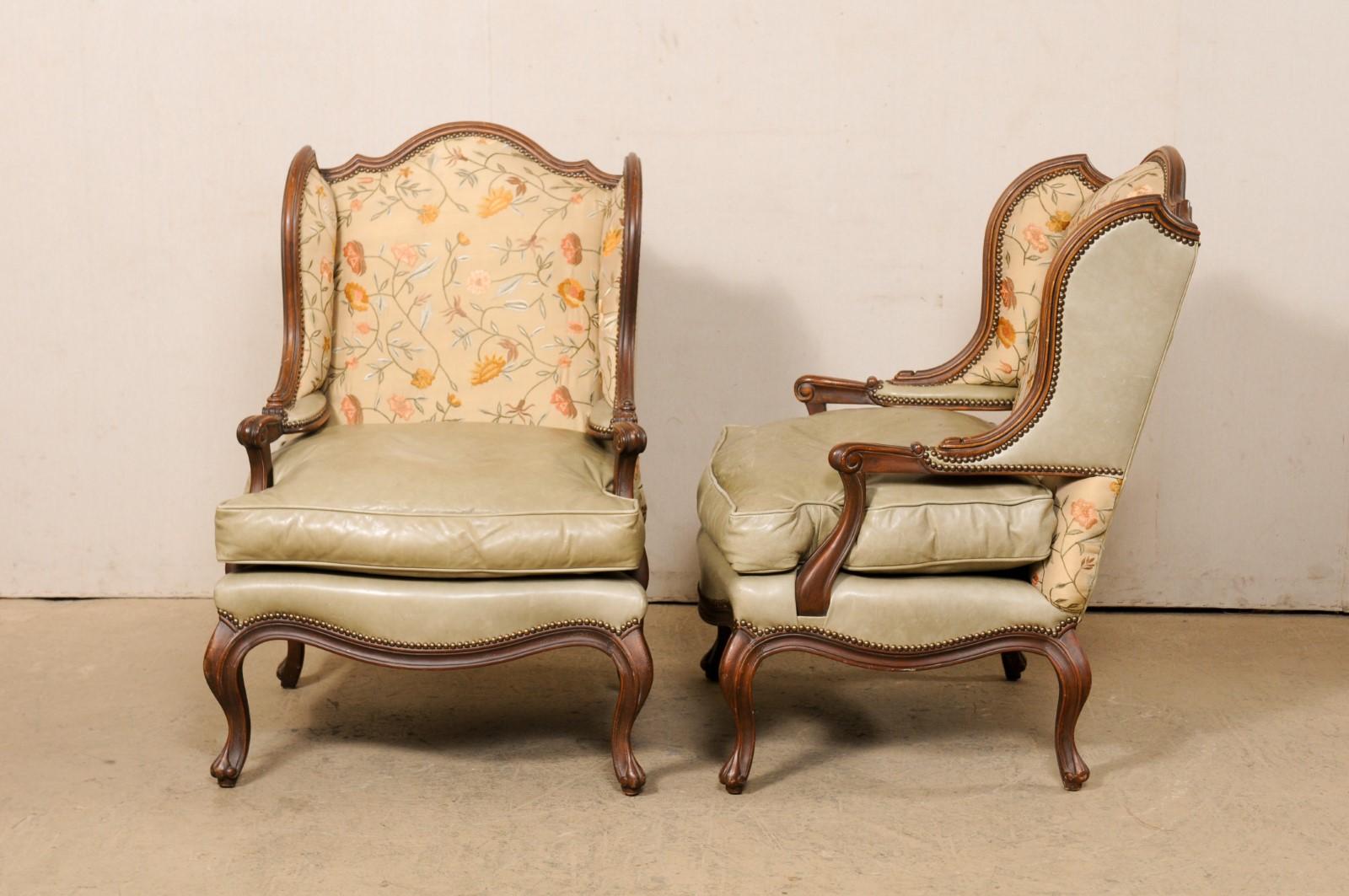 Pair Nicely-Sized Carved Wood & Upholstered Wing-Back Chairs, Mid 20th C For Sale 4