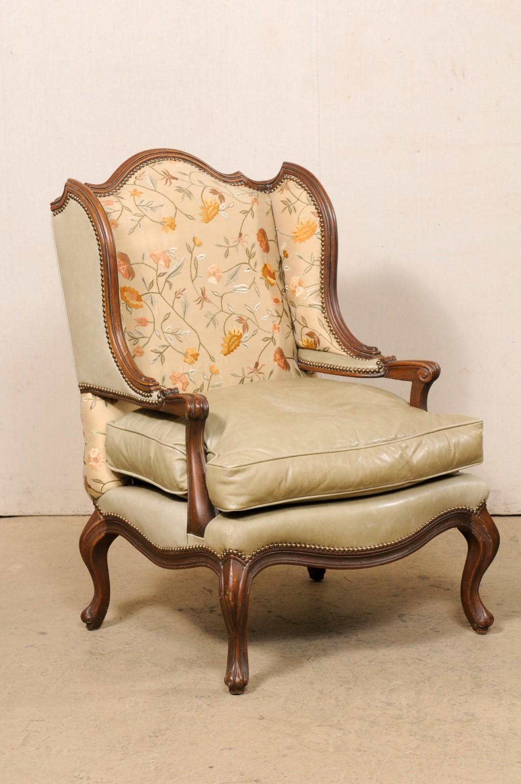 French Pair Nicely-Sized Carved Wood & Upholstered Wing-Back Chairs, Mid 20th C For Sale