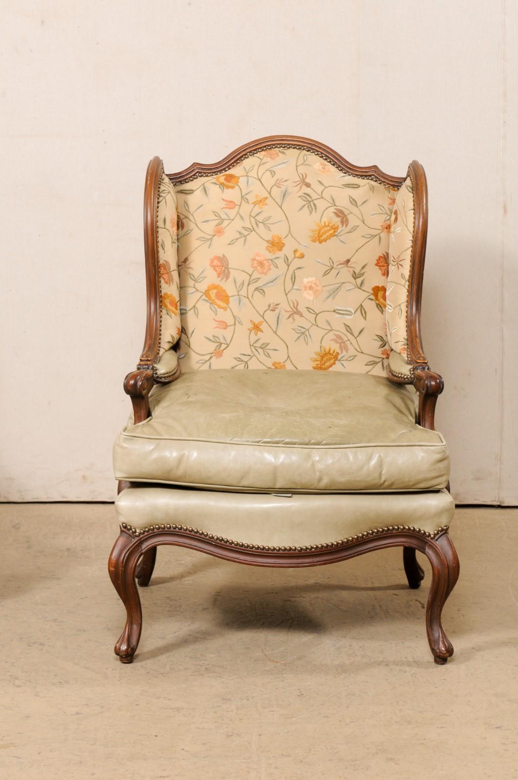 Pair Nicely-Sized Carved Wood & Upholstered Wing-Back Chairs, Mid 20th C In Good Condition For Sale In Atlanta, GA