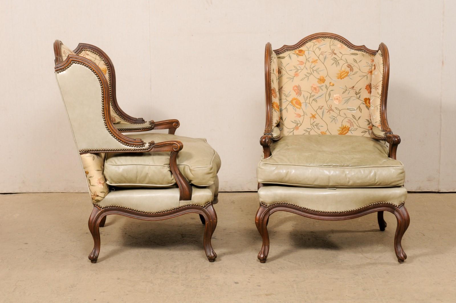 20th Century Pair Nicely-Sized Carved Wood & Upholstered Wing-Back Chairs, Mid 20th C For Sale