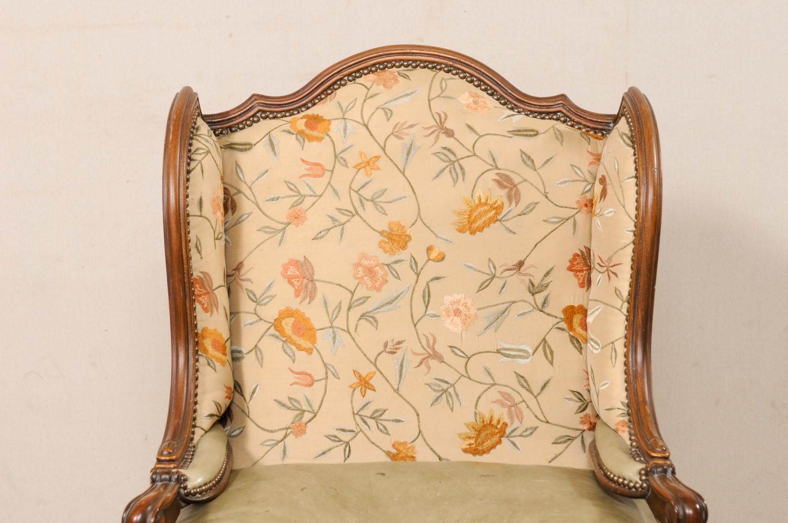 Silk Pair Nicely-Sized Carved Wood & Upholstered Wing-Back Chairs, Mid 20th C For Sale