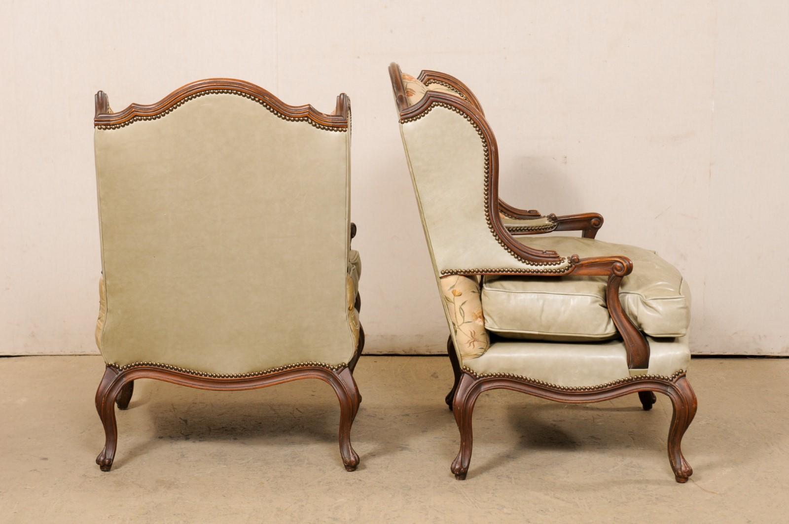 Pair Nicely-Sized Carved Wood & Upholstered Wing-Back Chairs, Mid 20th C For Sale 1