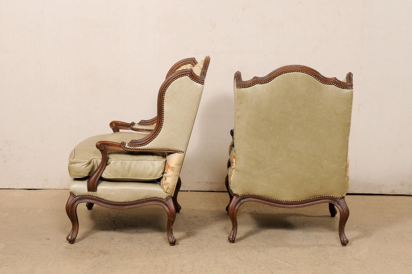 Pair Nicely-Sized Carved Wood & Upholstered Wing-Back Chairs, Mid 20th C For Sale 2