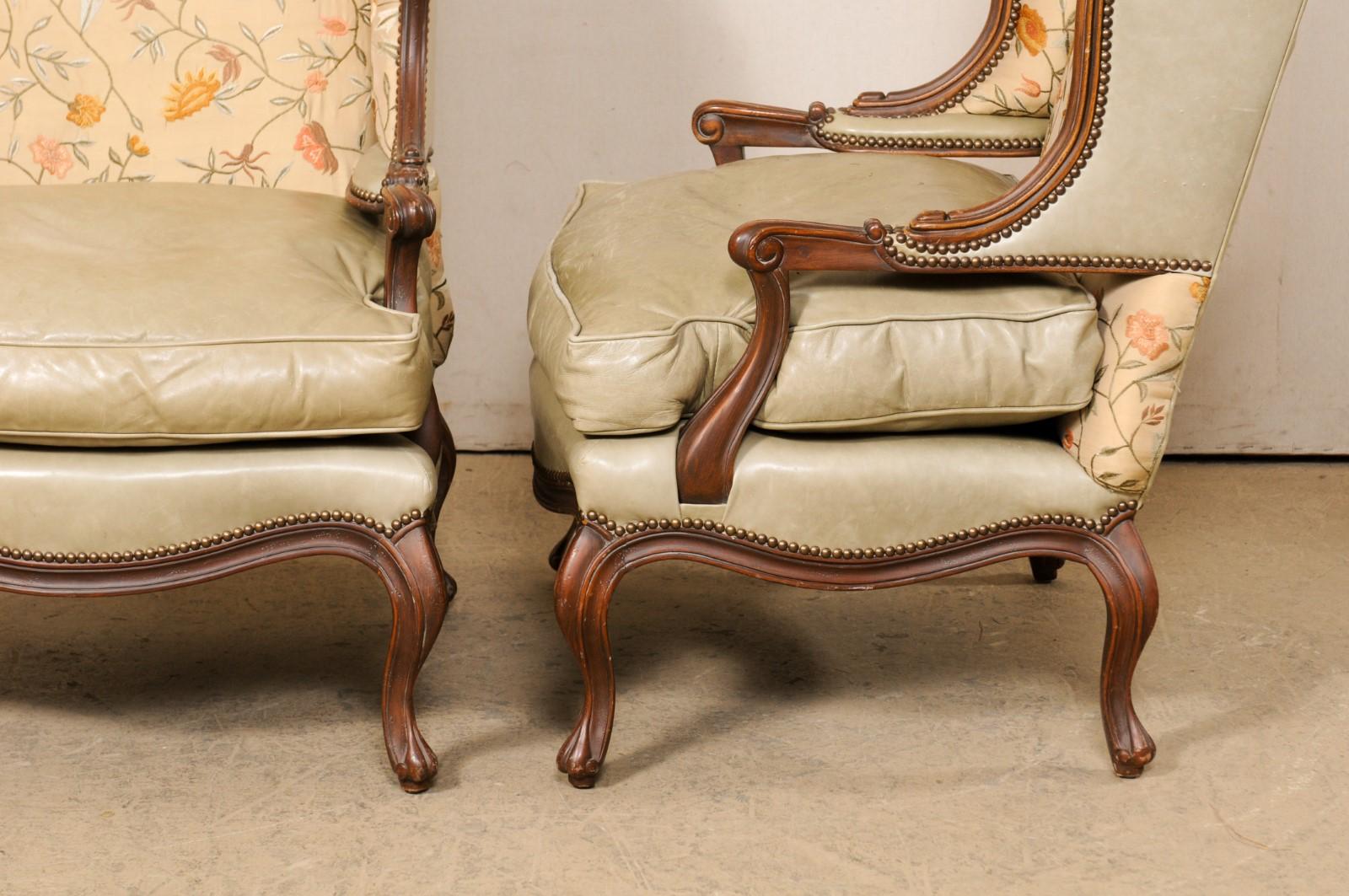 Pair Nicely-Sized Carved Wood & Upholstered Wing-Back Chairs, Mid 20th C For Sale 3