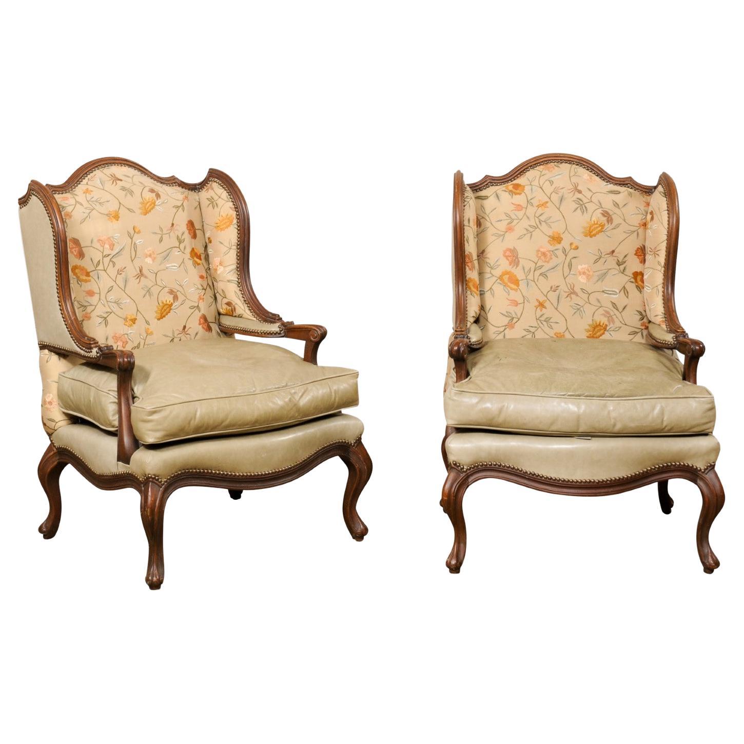Pair Nicely-Sized Carved Wood & Upholstered Wing-Back Chairs, Mid 20th C