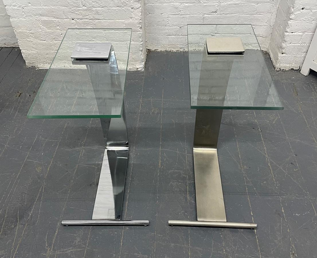 Modern Pair of Nickel and Glass Cantilevered Side Tables by Design Institute of America For Sale