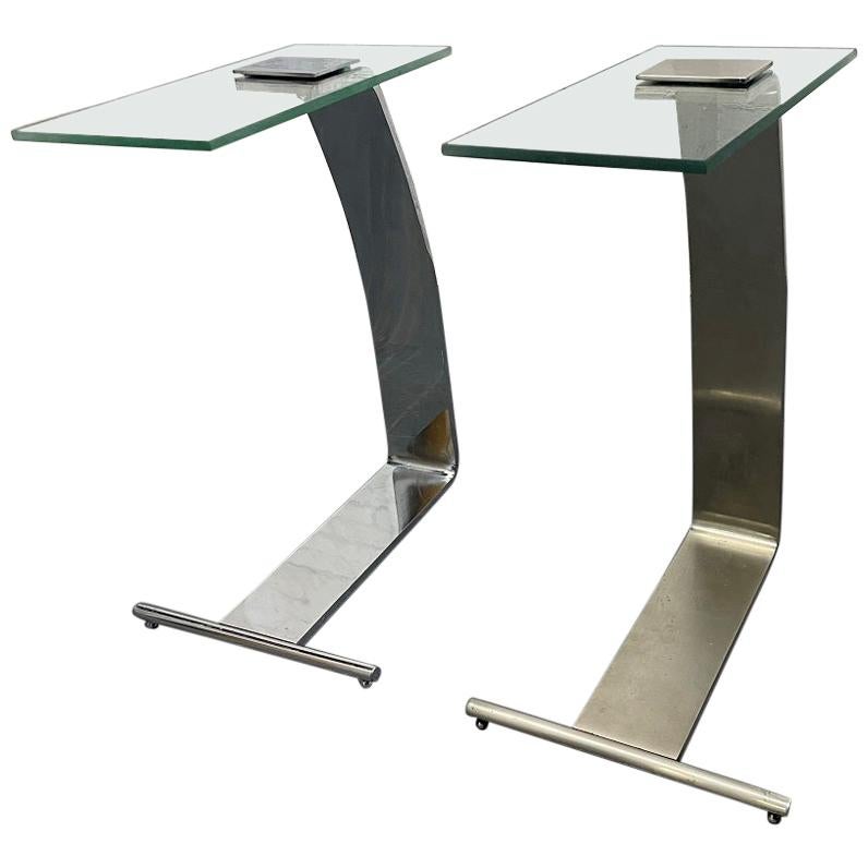 Pair of Nickel and Glass Cantilevered Side Tables by Design Institute of America For Sale