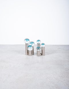 Pareja de candelabros Bancone de níquel y cristal de Murano Mediados de siglo, Italia, 1950