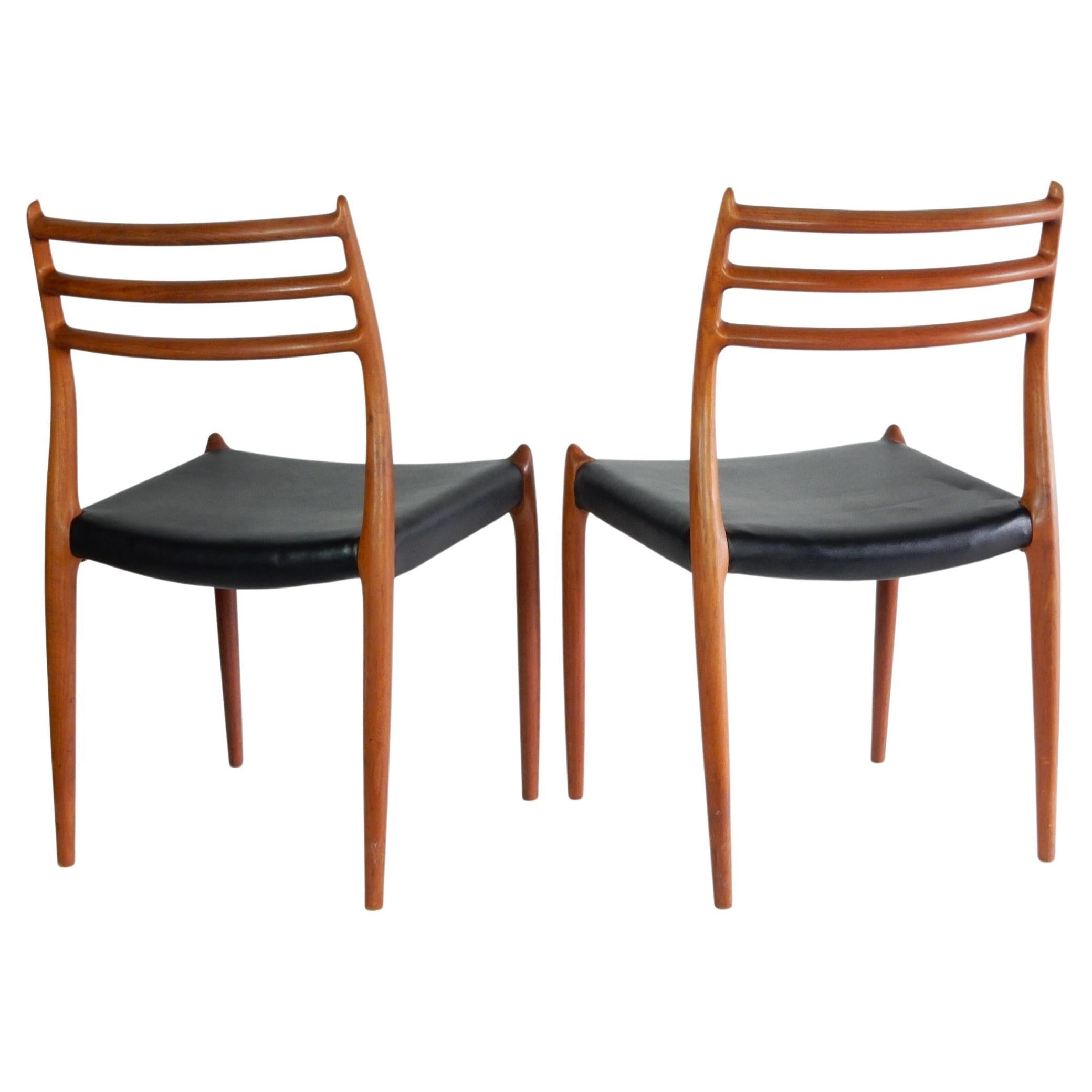 Mid-Century Modern Pair Niels Otto Møller Dining Chairs Model 78 Denmark Teak & Black Leather  For Sale