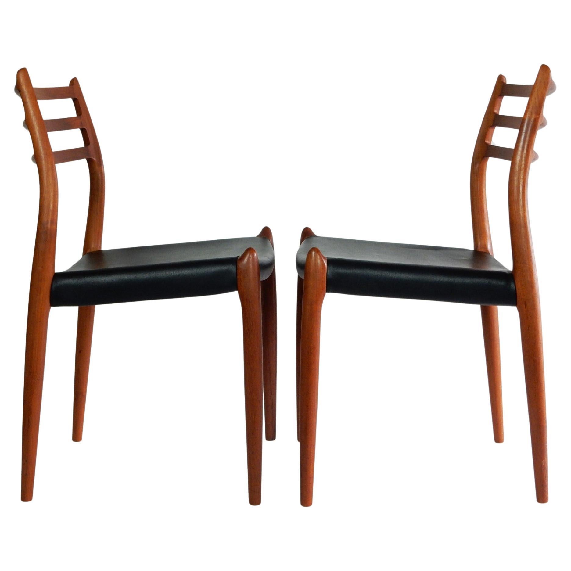 Danish Pair Niels Otto Møller Dining Chairs Model 78 Denmark Teak & Black Leather  For Sale