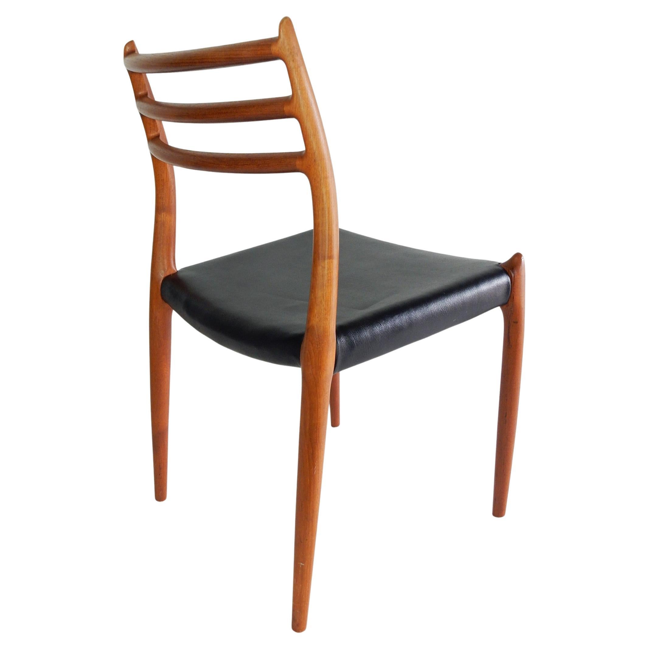 20th Century Pair Niels Otto Møller Dining Chairs Model 78 Denmark Teak & Black Leather  For Sale