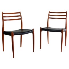 Pair Niels Otto Møller Dining Chairs Model 78 Denmark Teak & Black Leather 