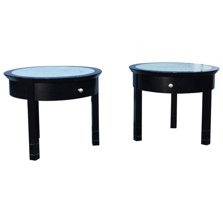 Pair Of Nightstand Round Black Chestnut Marble Carrara Top Italian Design 1960s For Sale At 1stdibs