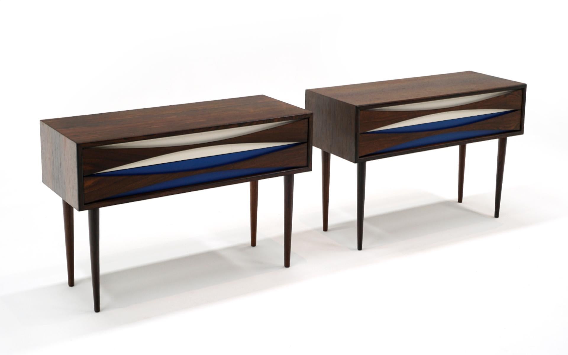 Swedish Pair Night Stands by Niels Clausen in Brazilian Rosewood, Blue & White Drawers For Sale