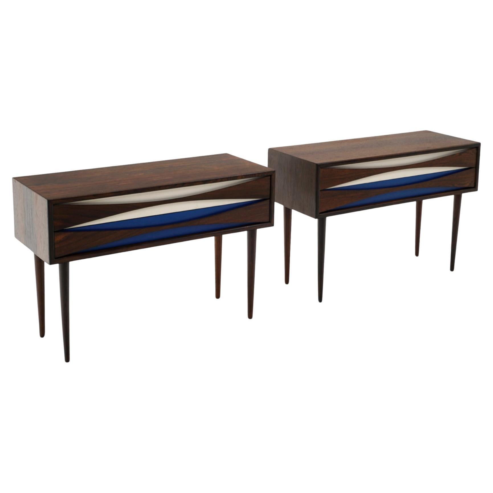 Pair Night Stands by Niels Clausen in Brazilian Rosewood, Blue & White Drawers For Sale