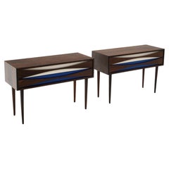 Vintage Pair Night Stands by Niels Clausen in Brazilian Rosewood, Blue & White Drawers
