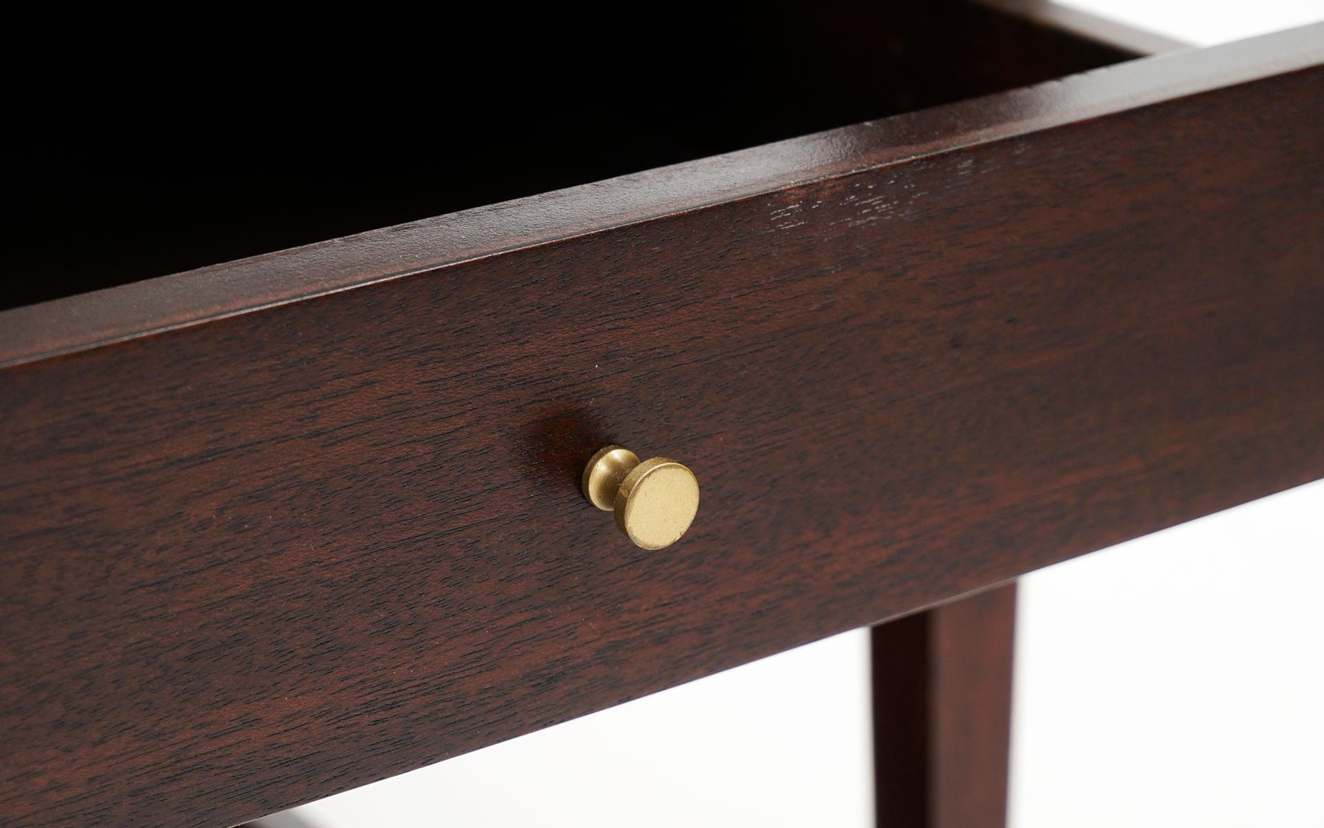 Pair Night Stands by Paul McCobb for Calvin, Mahogany w/ White Milk Glass Tops In Good Condition In Kansas City, MO