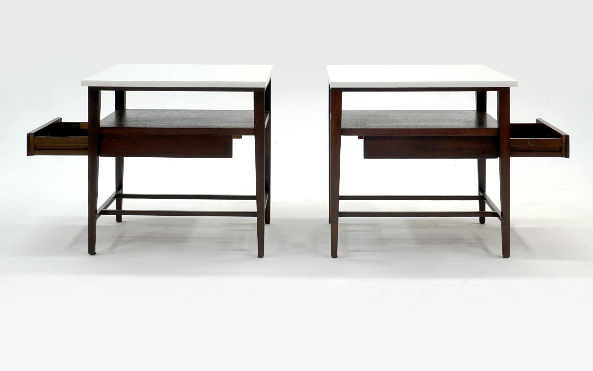 Mid-20th Century Pair Night Stands by Paul McCobb for Calvin, Mahogany w/ White Milk Glass Tops For Sale