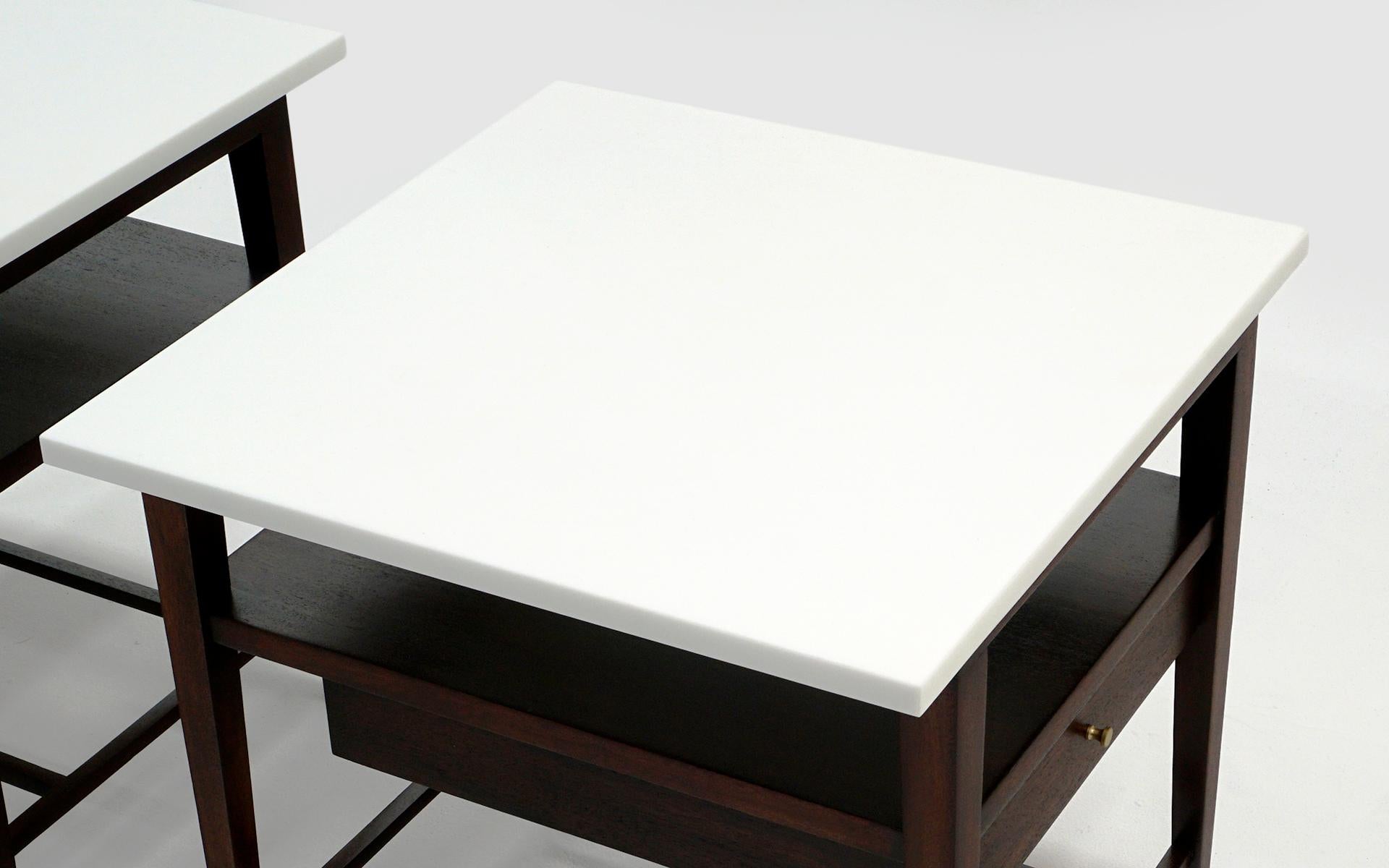 Pair Night Stands by Paul McCobb for Calvin, Mahogany w/ White Milk Glass Tops For Sale 1