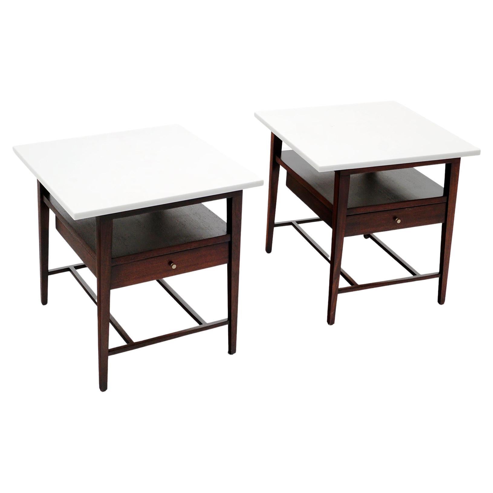 Pair Night Stands by Paul McCobb for Calvin, Mahogany w/ White Milk Glass Tops