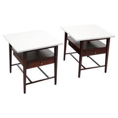 Vintage Pair Night Stands by Paul McCobb for Calvin, Mahogany w/ White Milk Glass Tops