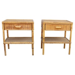 Pair Night Stands Mid-century Italian Design Bamboo Rattan Rectangular Drawer