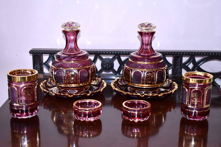 Pair Nightstand Water Carafes in 19th Century Style, Bohemian Glass For Sale 2
