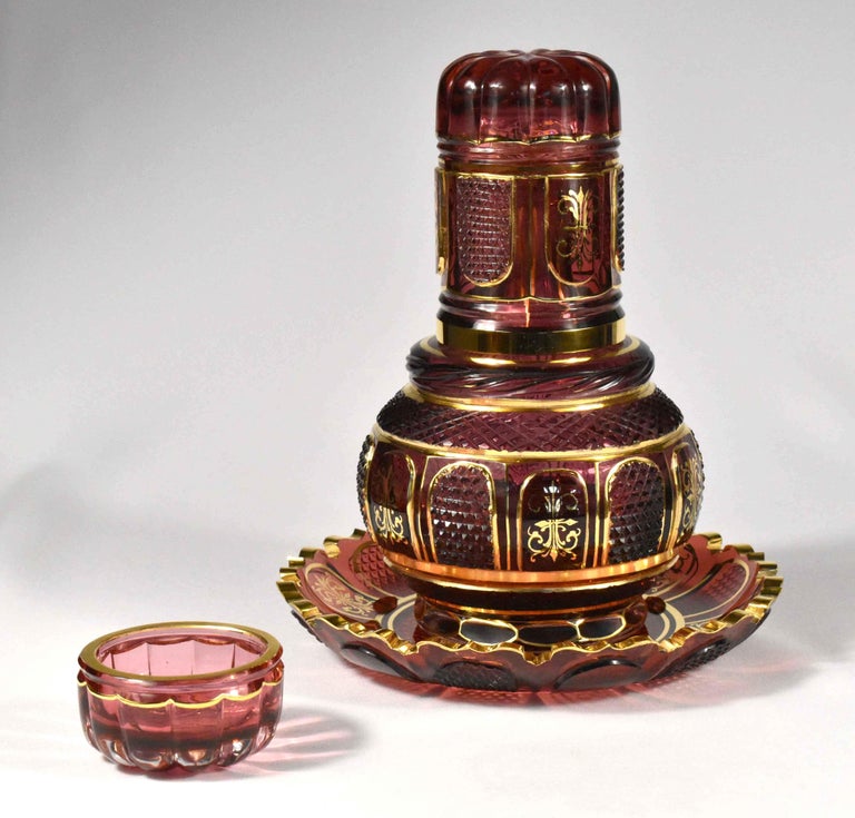 Biedermeier Pair Nightstand Water Carafes in 19th Century Style, Bohemian Glass For Sale