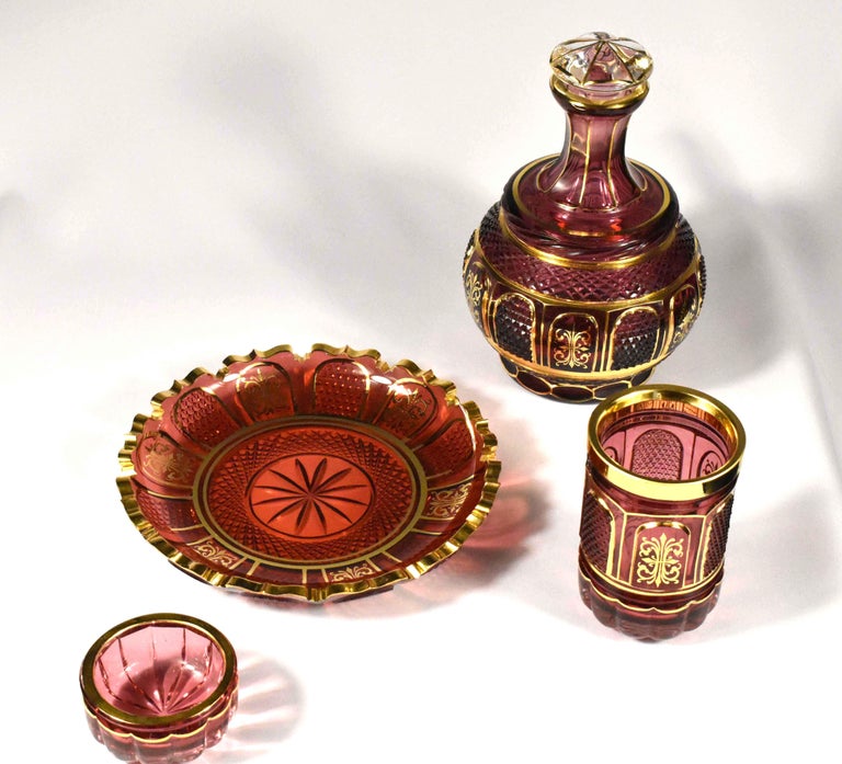 Pair Nightstand Water Carafes in 19th Century Style, Bohemian Glass For Sale 1