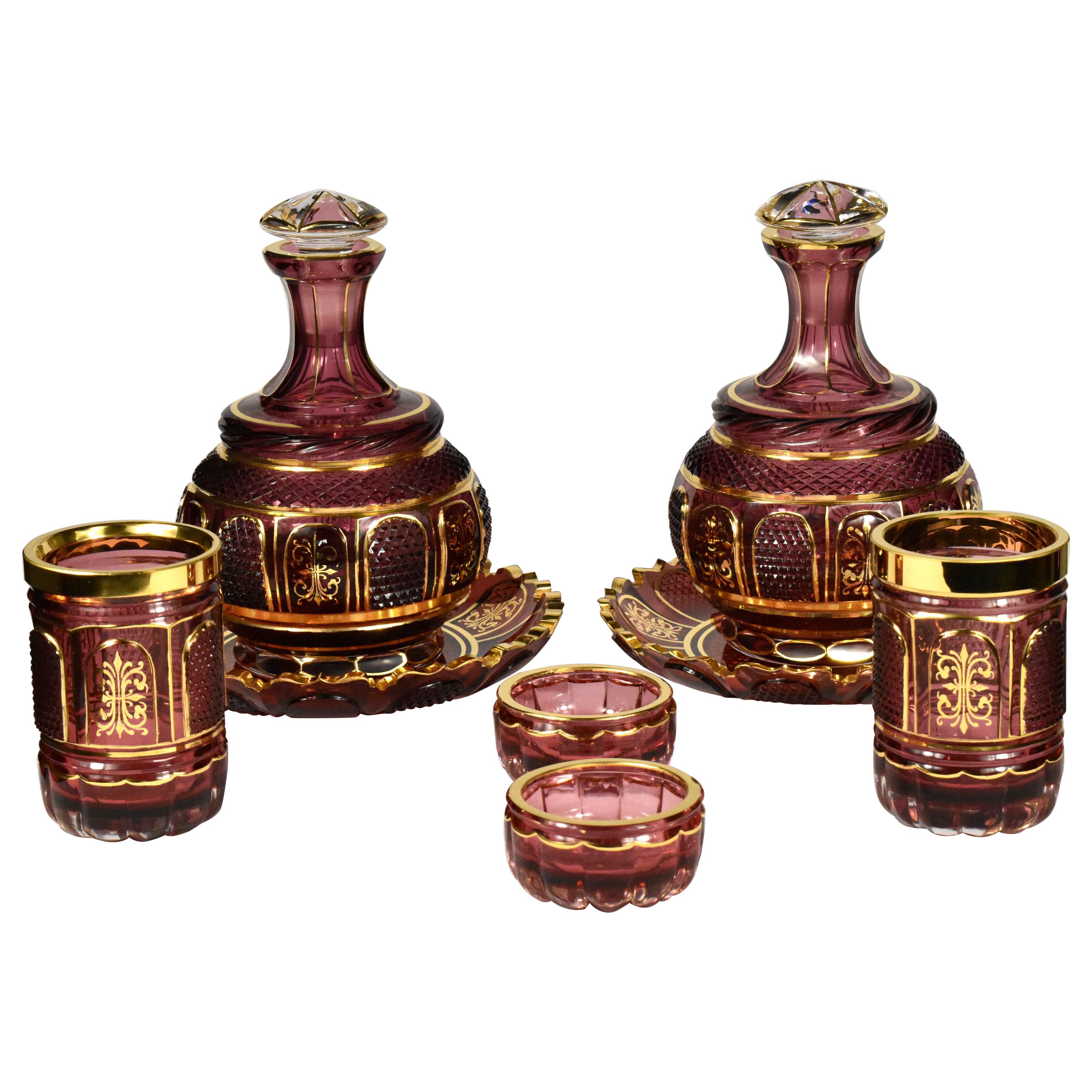 Pair Nightstand Water Carafes in 19th Century Style, Bohemian Glass