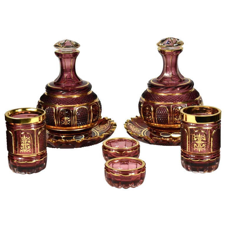 Pair Nightstand Water Carafes in 19th Century Style, Bohemian Glass For Sale