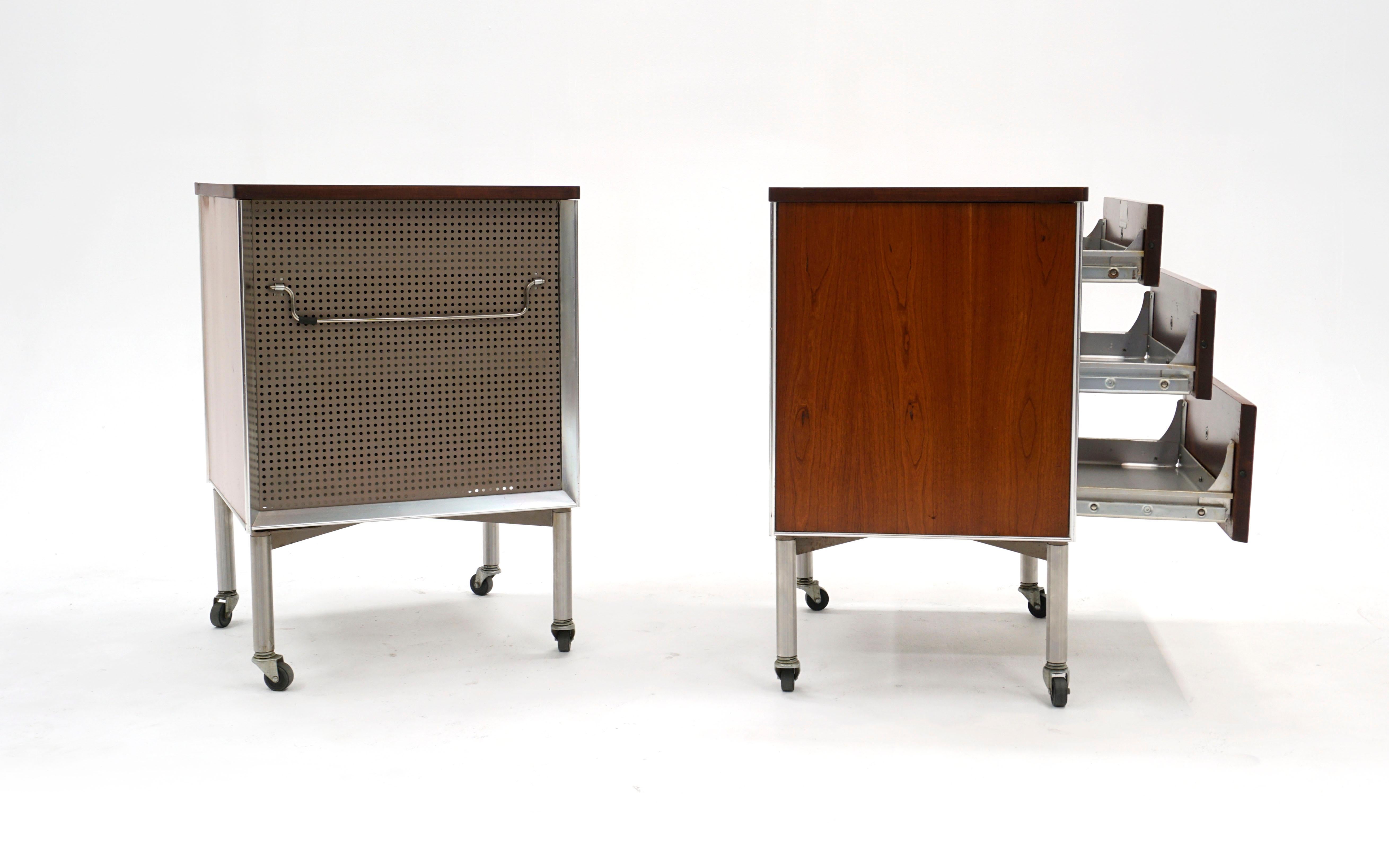 Pair Nightstands by Raymond Loewy for Hill Rom, Walnut, off White Laminate Tops In Good Condition In Kansas City, MO