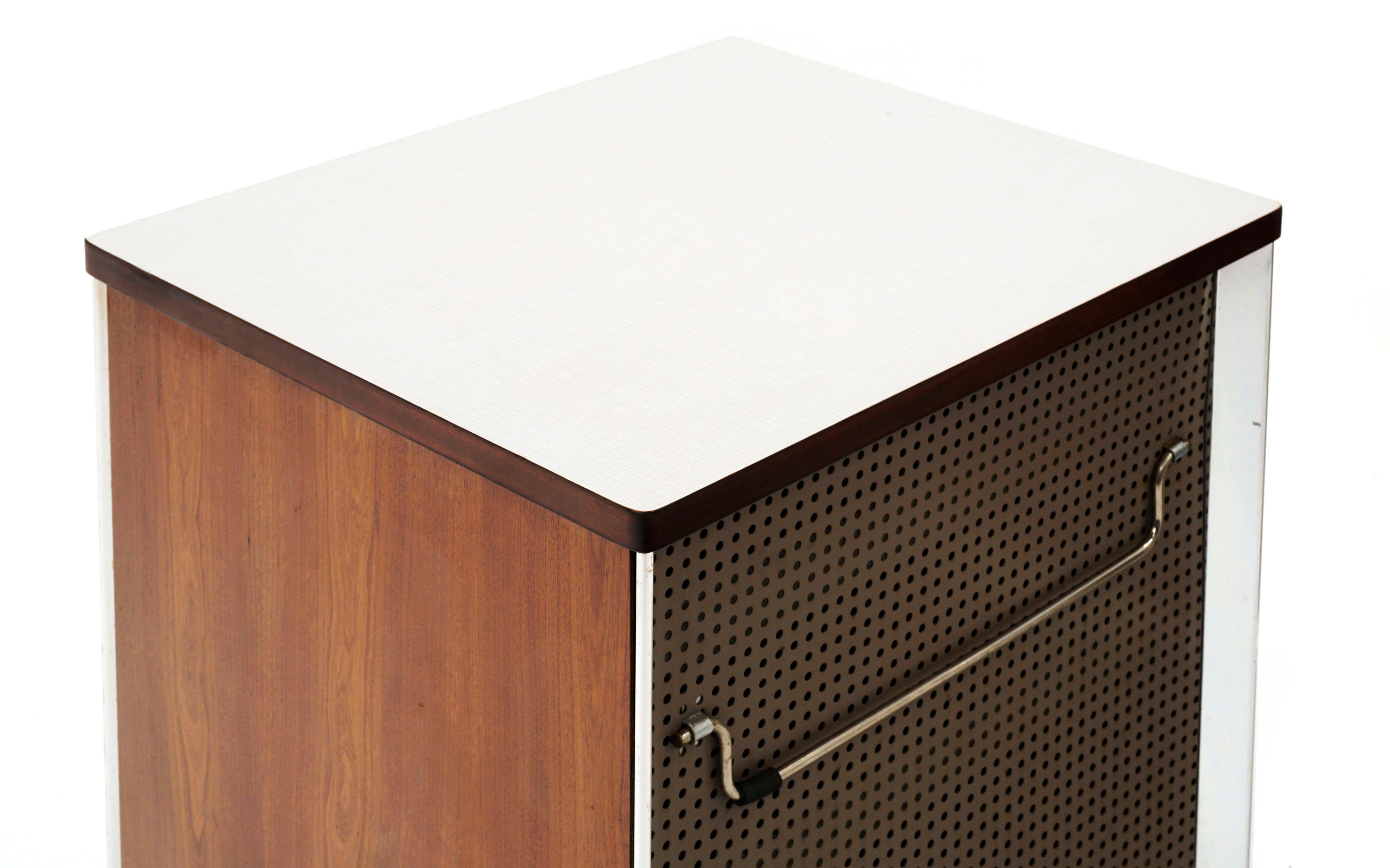 Mid-20th Century Pair Nightstands by Raymond Loewy for Hill Rom, Walnut, off White Laminate Tops