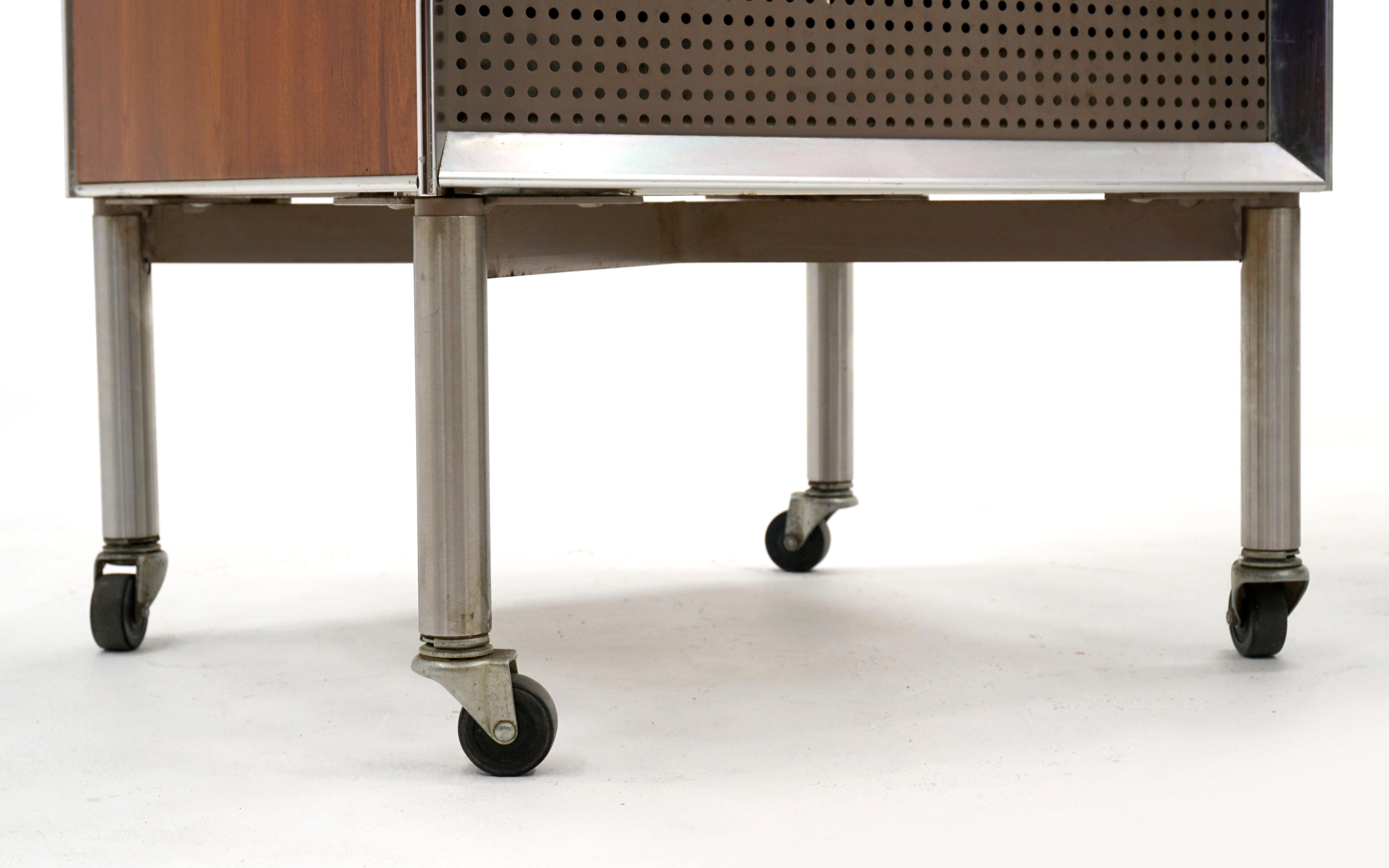 Aluminum Pair Nightstands by Raymond Loewy for Hill Rom, Walnut, off White Laminate Tops