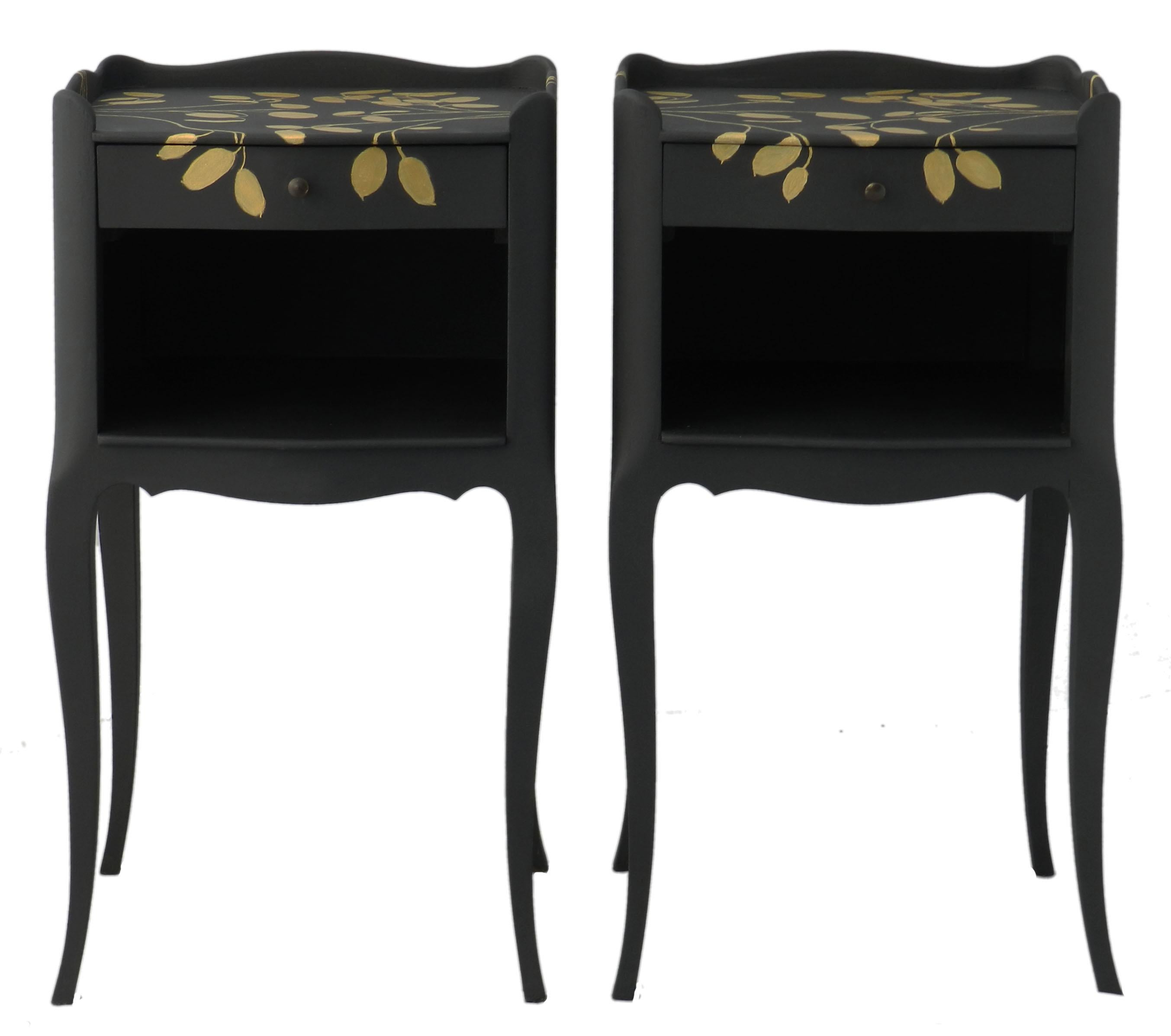 Louis XV Pair Nightstands Painted by Artist Unique Vintage Side Cabinets Bedside Tables