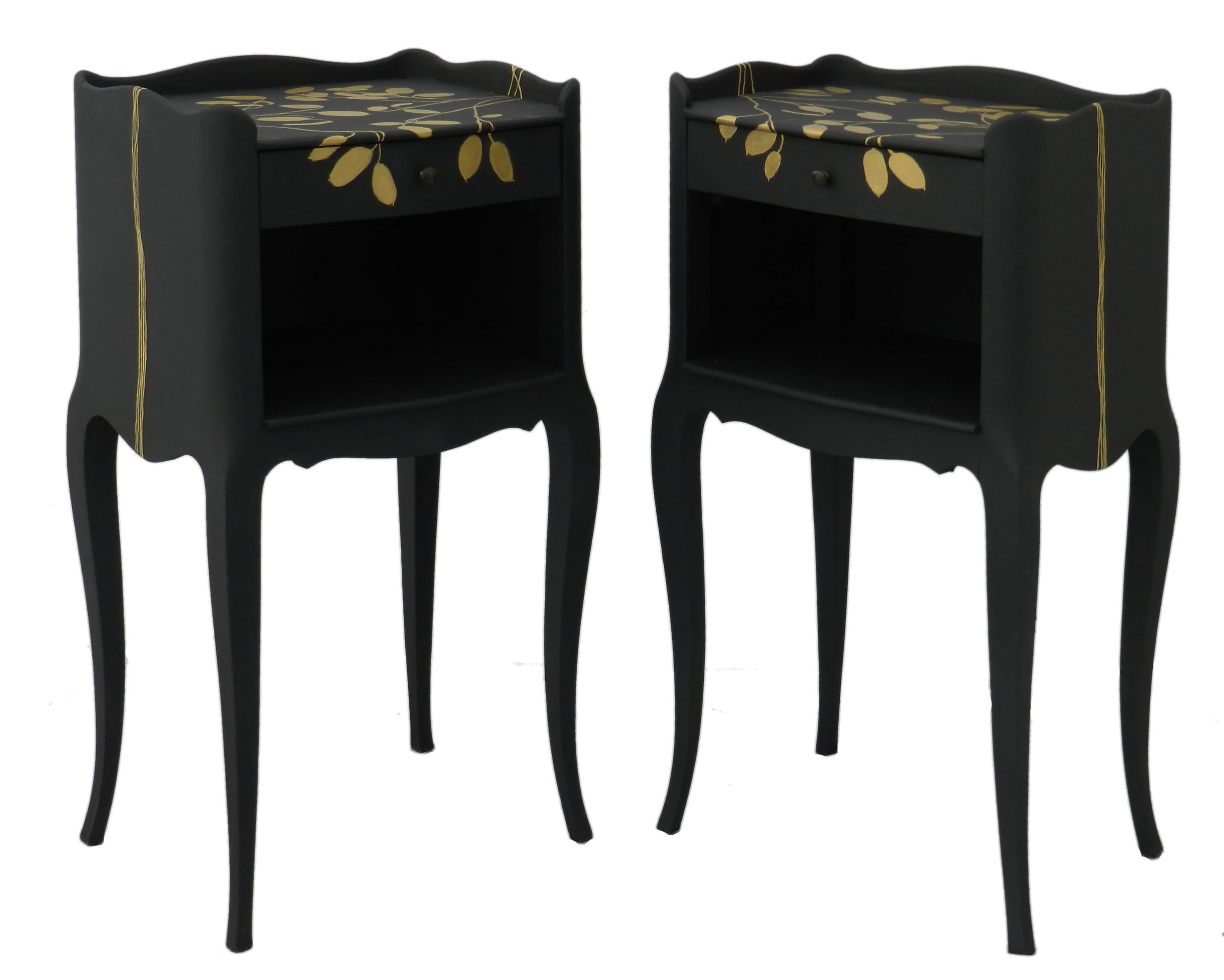 French Pair Nightstands Painted by Artist Unique Vintage Side Cabinets Bedside Tables