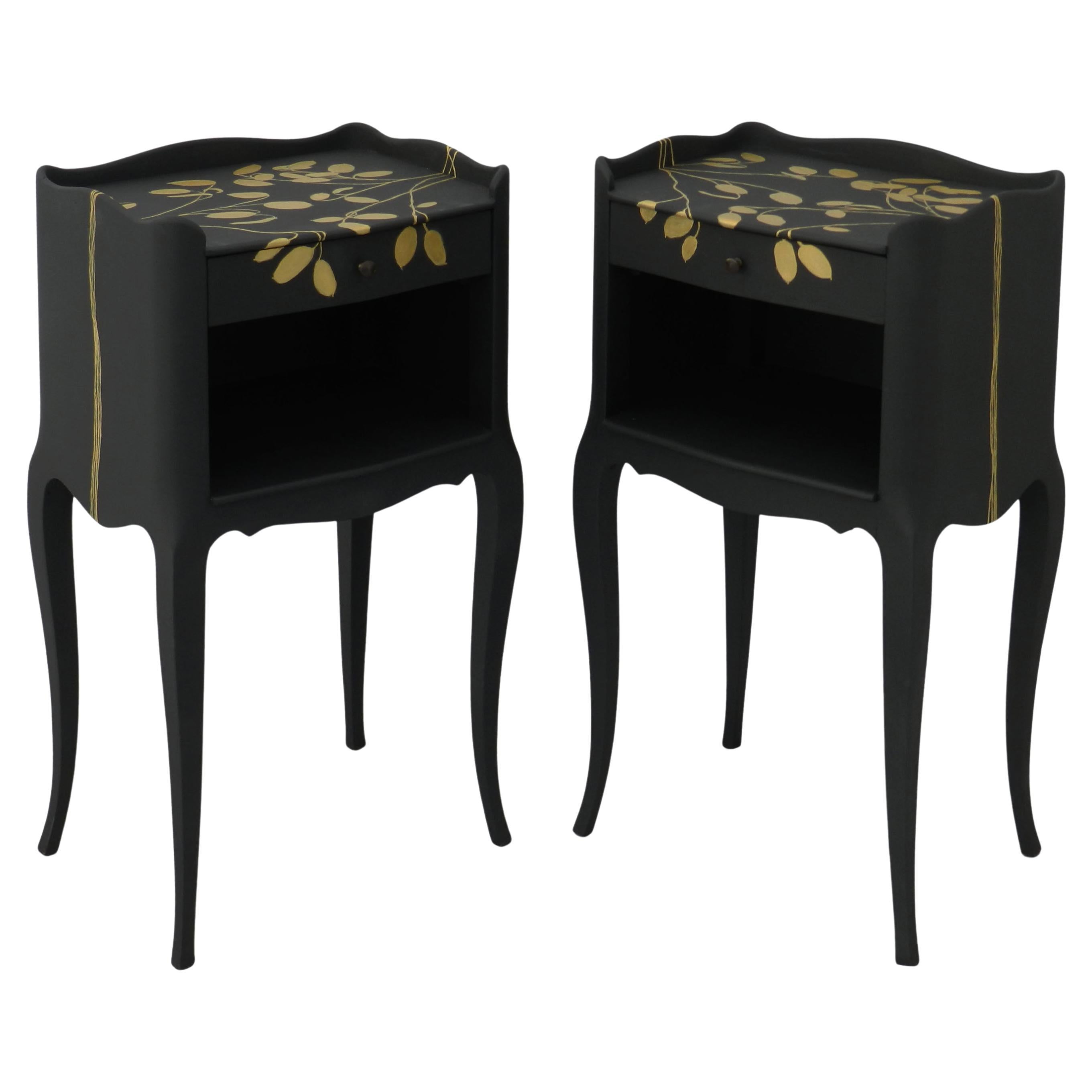 Pair Nightstands Painted by Artist Unique Vintage Side Cabinets Bedside Tables